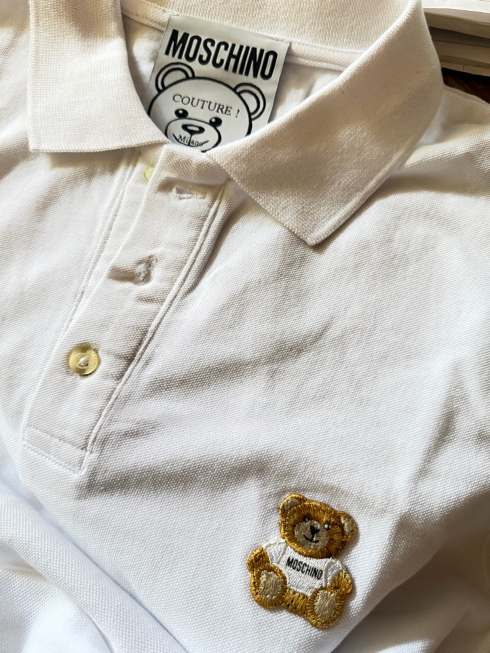 New - Moschino White Polo Shirt with Embroidered Teddy